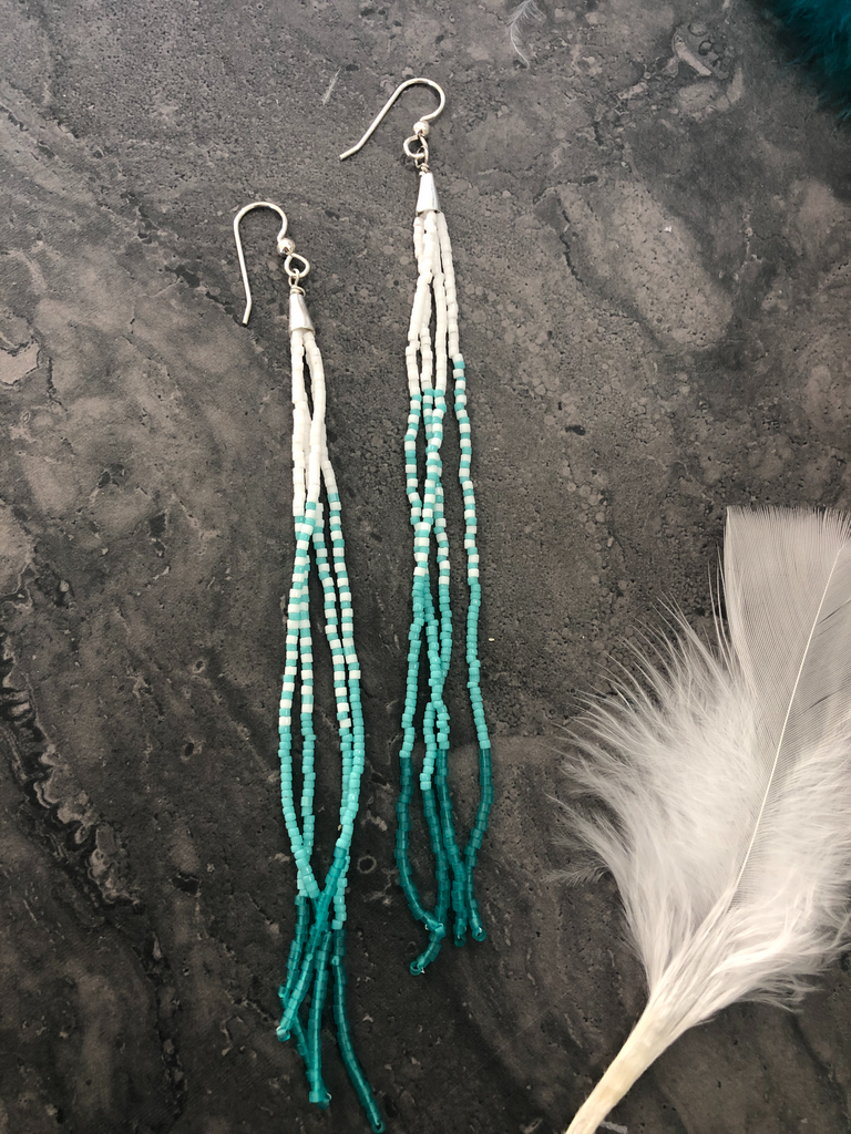 Spa blue and white fringe earrings