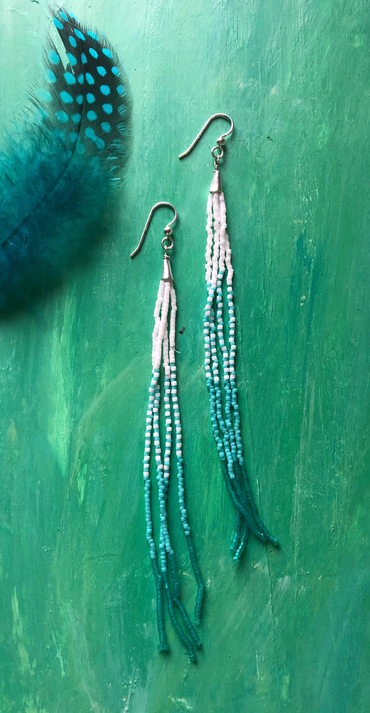 Spa blue and white fringe earrings