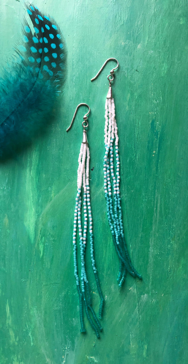 Spa blue and white fringe earrings