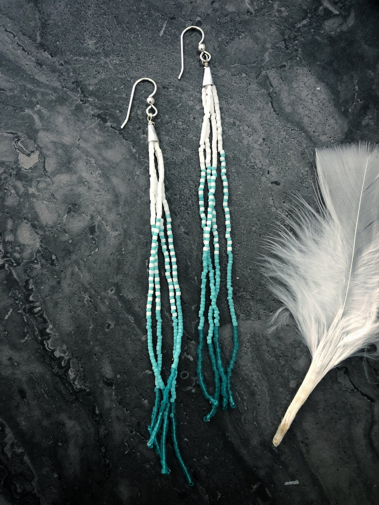 Spa blue and white fringe earrings